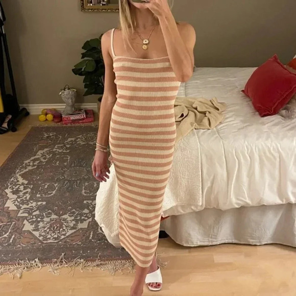 Zara Striped  Knit Tube Skinny Strap Midi Dress Nude Peach Pink Size Medium - Picture 2 of 8